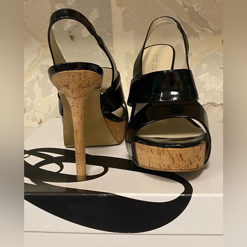 Nine West Fair Game Black Patent Leather and Cork Platform Heels (7)